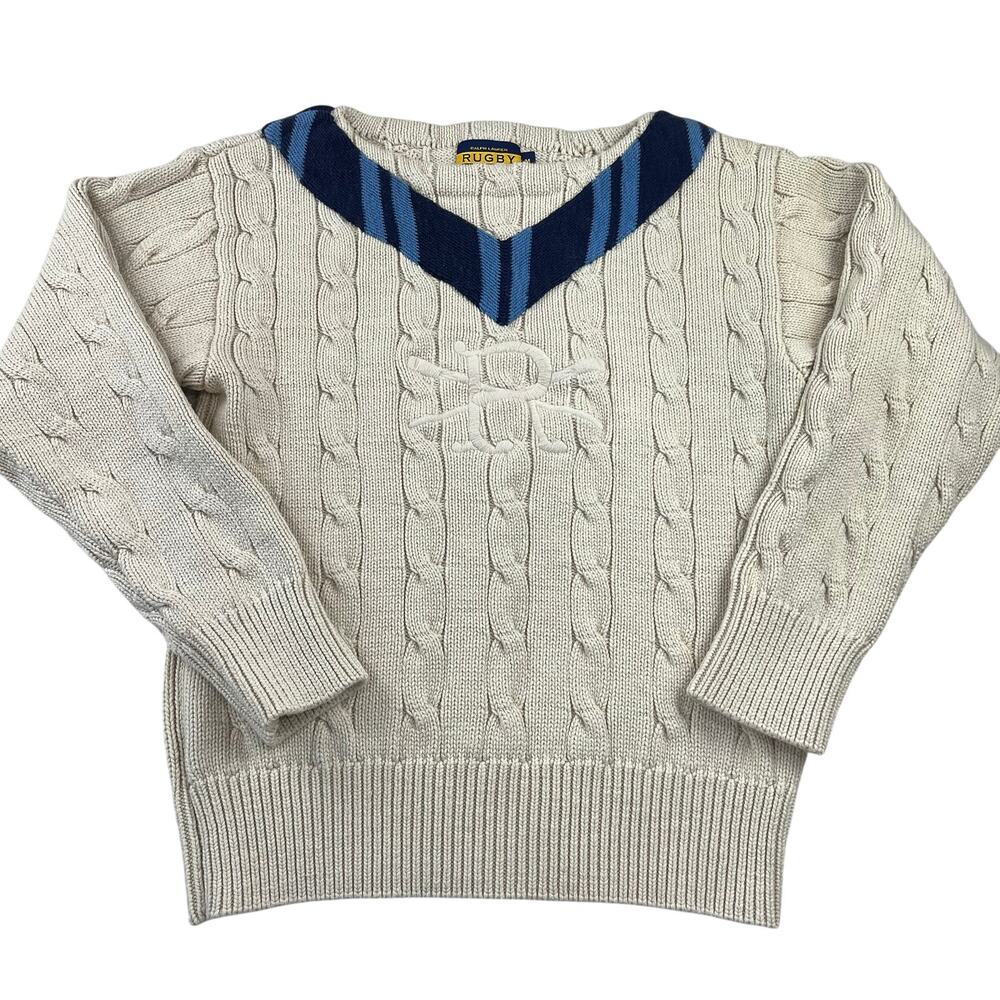 Ralph Lauren Rugby Cable Knit Sweater Cricket Embroidered Logo Vintage SZ Medium